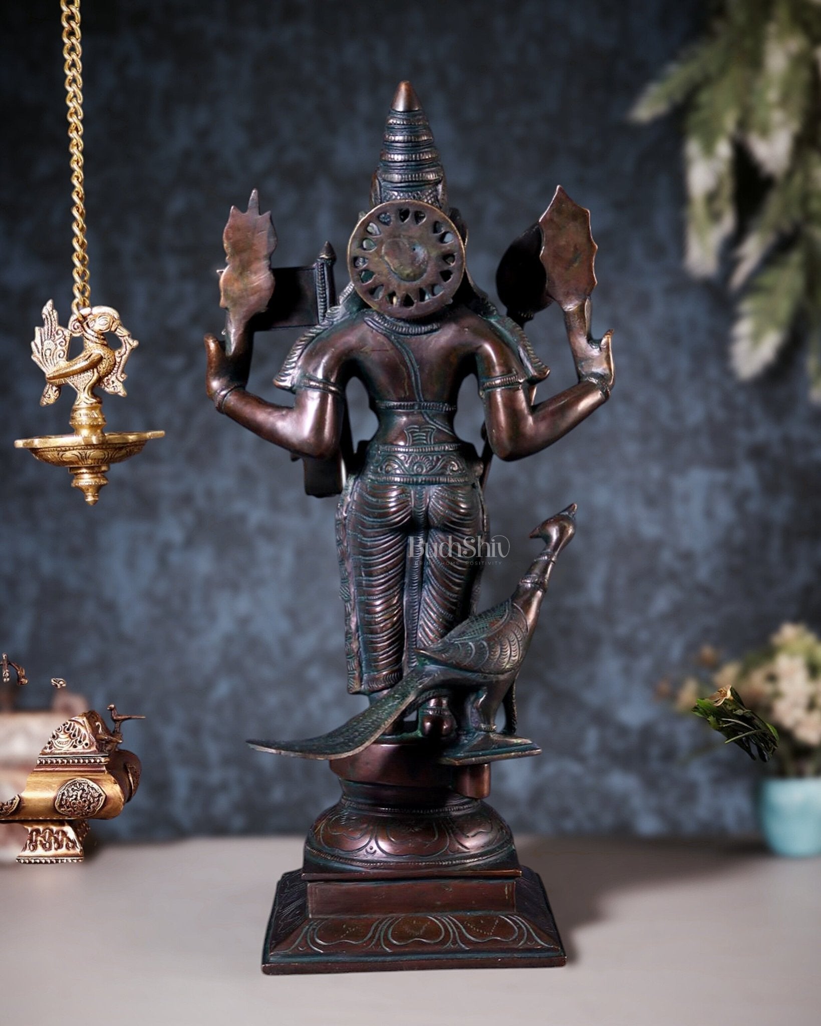 Pure Brass Lord Murugan Statue with Vel and Flag – Bronze Tone 21" - Budhshiv.com