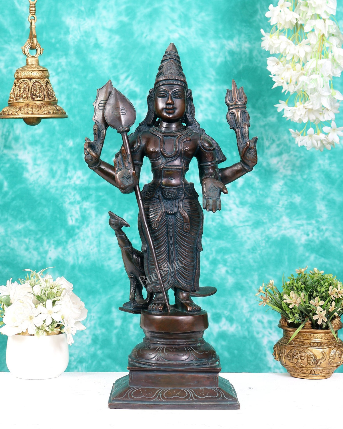 Pure Brass Lord Murugan Statue with Vel – Bronze Tone 21" - Budhshiv.com