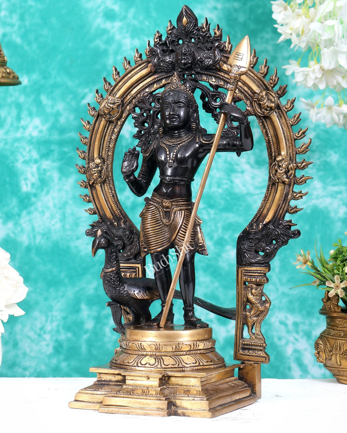 Pure Brass Lord Murugan Swamy Kartikeya Statue 16.5 inch - Budhshiv.com