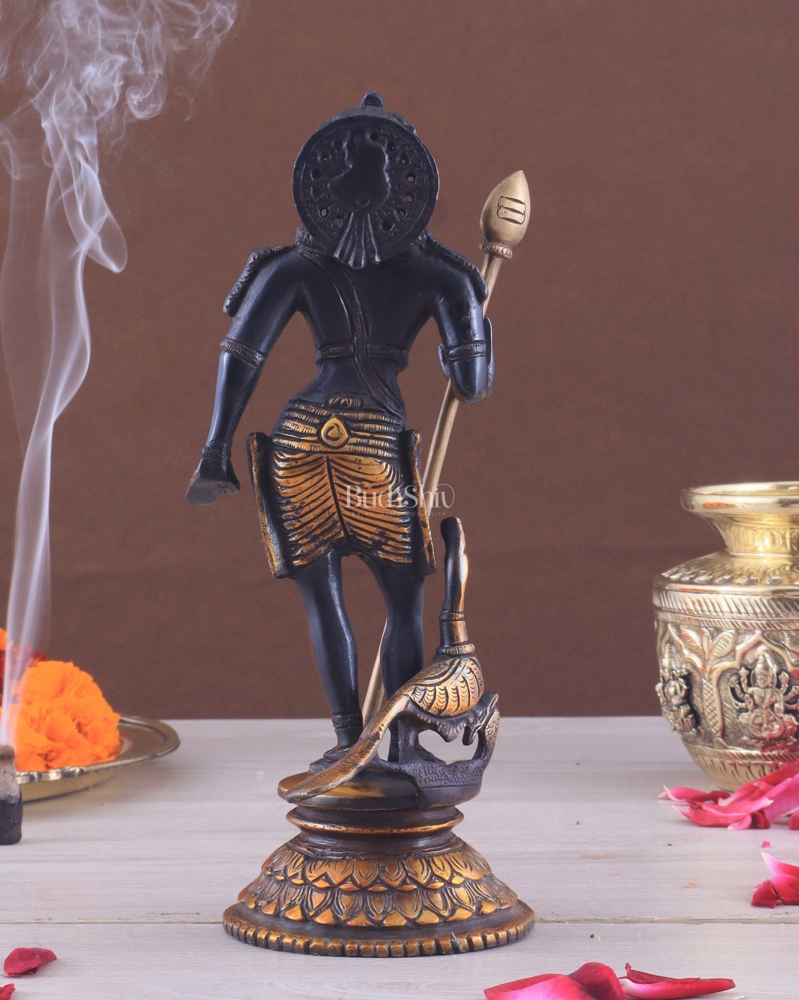 Pure Brass Lord Murugan Swamy Statue 10" black and golden - Budhshiv.com