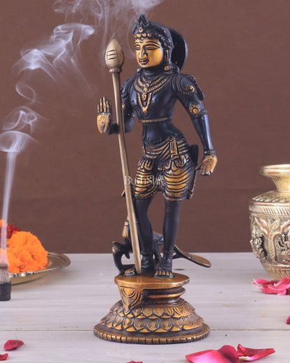 Pure Brass Lord Murugan Swamy Statue 10" black and golden - Budhshiv.com