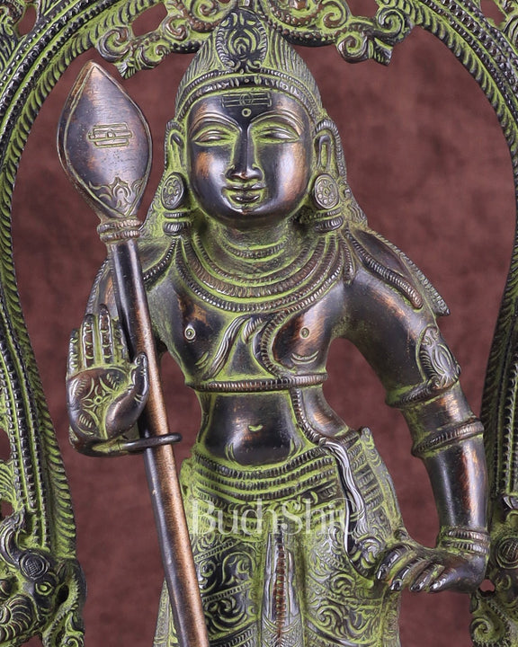 Pure Brass Lord Murugan with Prabhavali – Unique Mukunda Kartikeya Statue 14.5" - Budhshiv.com