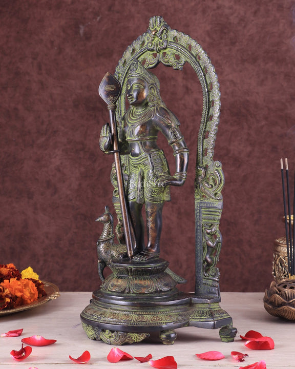 Pure Brass Lord Murugan with Prabhavali – Unique Mukunda Kartikeya Statue 14.5" - Budhshiv.com