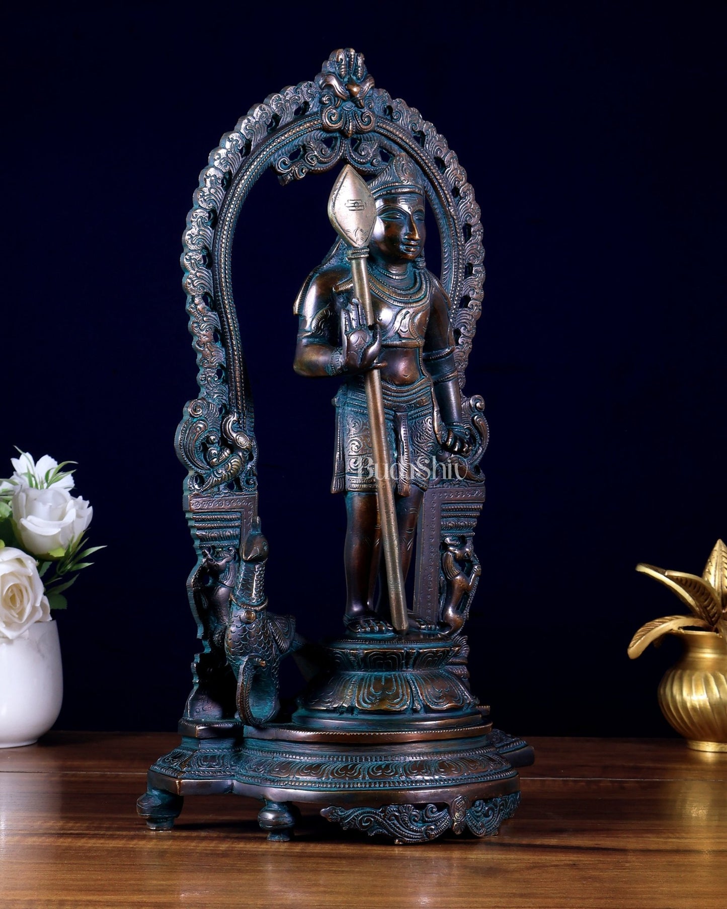 Pure Brass Lord Murugan with Prabhavali – Unique Mukunda Kartikeya Statue 14.5" - Budhshiv.com