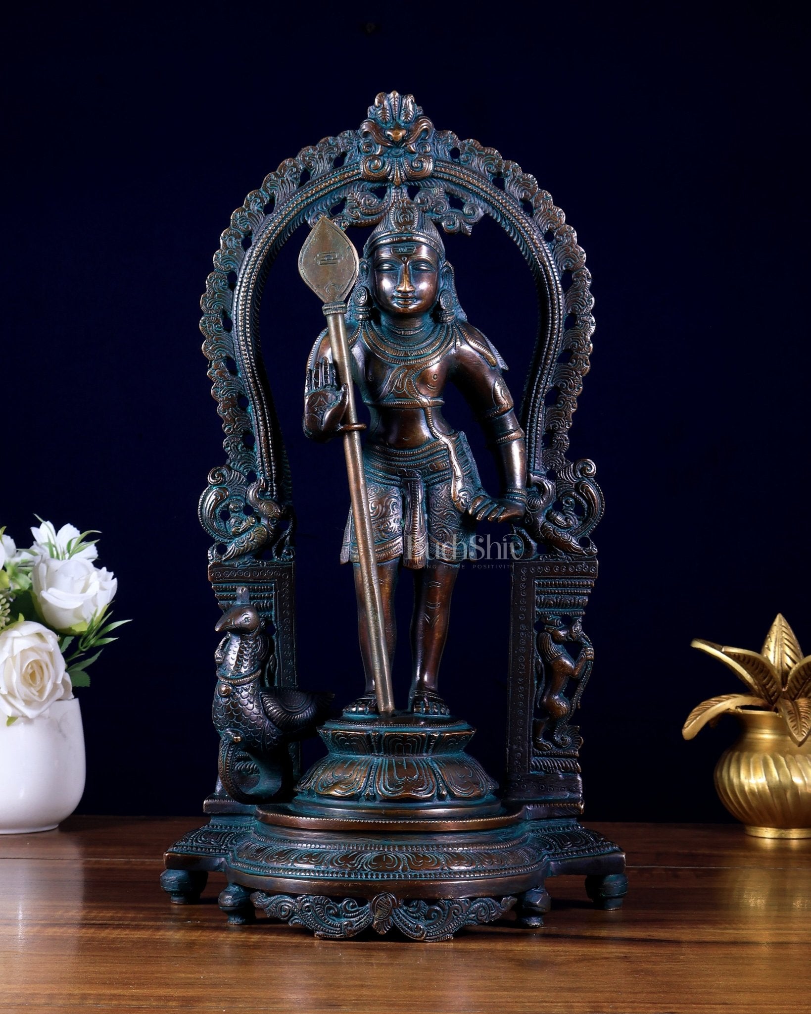 Pure Brass Lord Murugan with Prabhavali – Unique Mukunda Kartikeya Statue 14.5" - Budhshiv.com