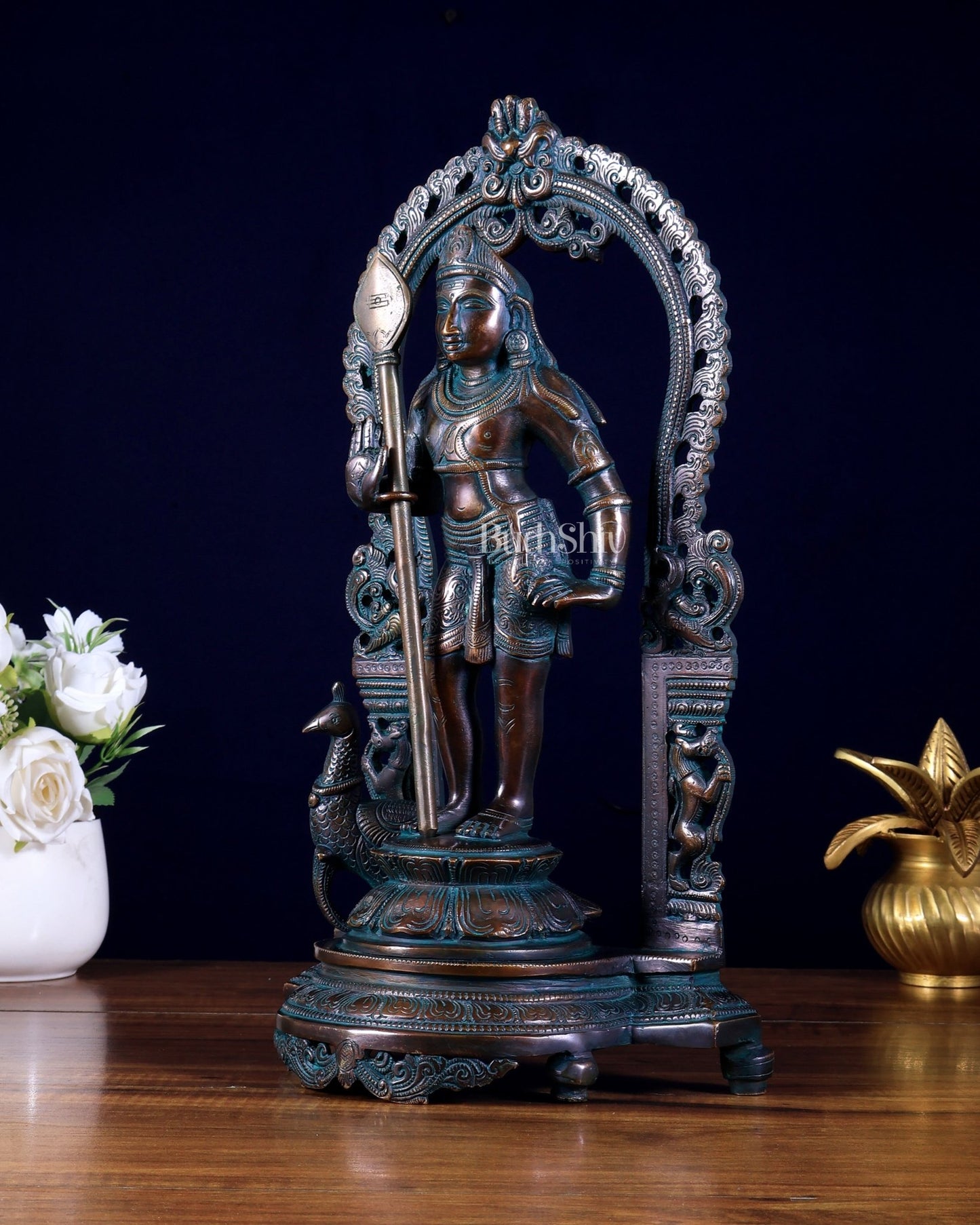 Pure Brass Lord Murugan with Prabhavali – Unique Mukunda Kartikeya Statue 14.5" - Budhshiv.com