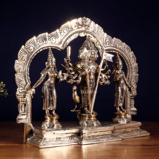 Pure Brass Lord Murugan with Valli & Devasena Idol | Intricately Crafted Shan Murugan Statue 12 inch - Budhshiv.com