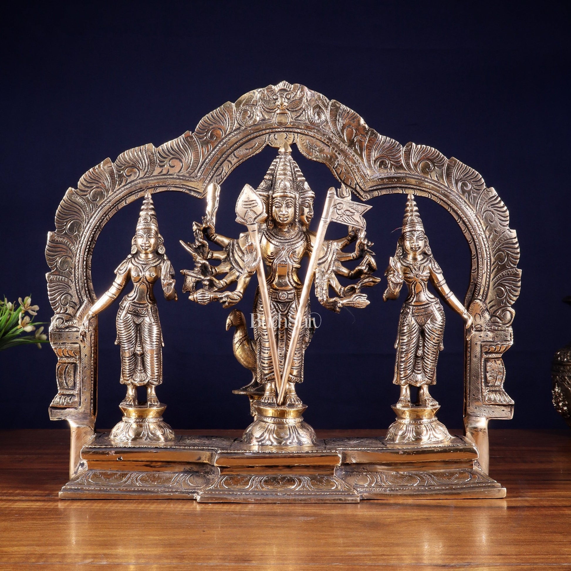 Pure Brass Lord Murugan with Valli & Devasena Idol | Intricately Crafted Shan Murugan Statue 12 inch - Budhshiv.com