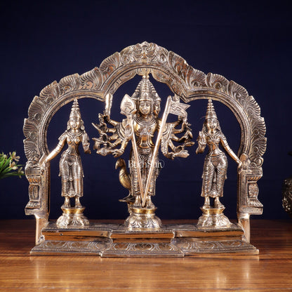 Pure Brass Lord Murugan with Valli & Devasena Idol | Intricately Crafted Shan Murugan Statue 12 inch - Budhshiv.com