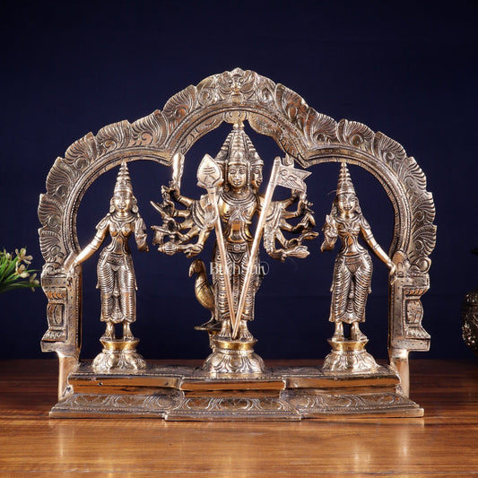 Pure Brass Lord Murugan with Valli & Devasena Idol | Intricately Crafted Shan Murugan Statue 12 inch - Budhshiv.com
