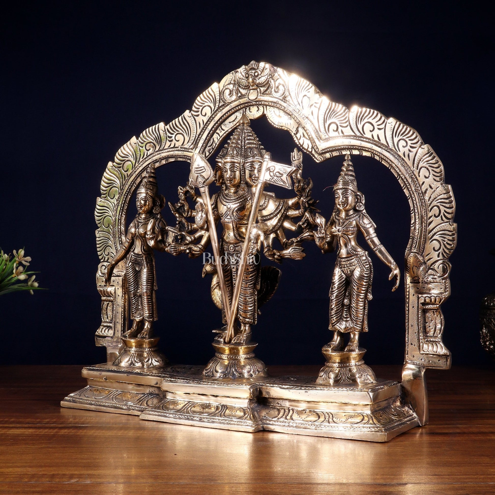 Pure Brass Lord Murugan with Valli & Devasena Idol | Intricately Crafted Shan Murugan Statue 12 inch - Budhshiv.com