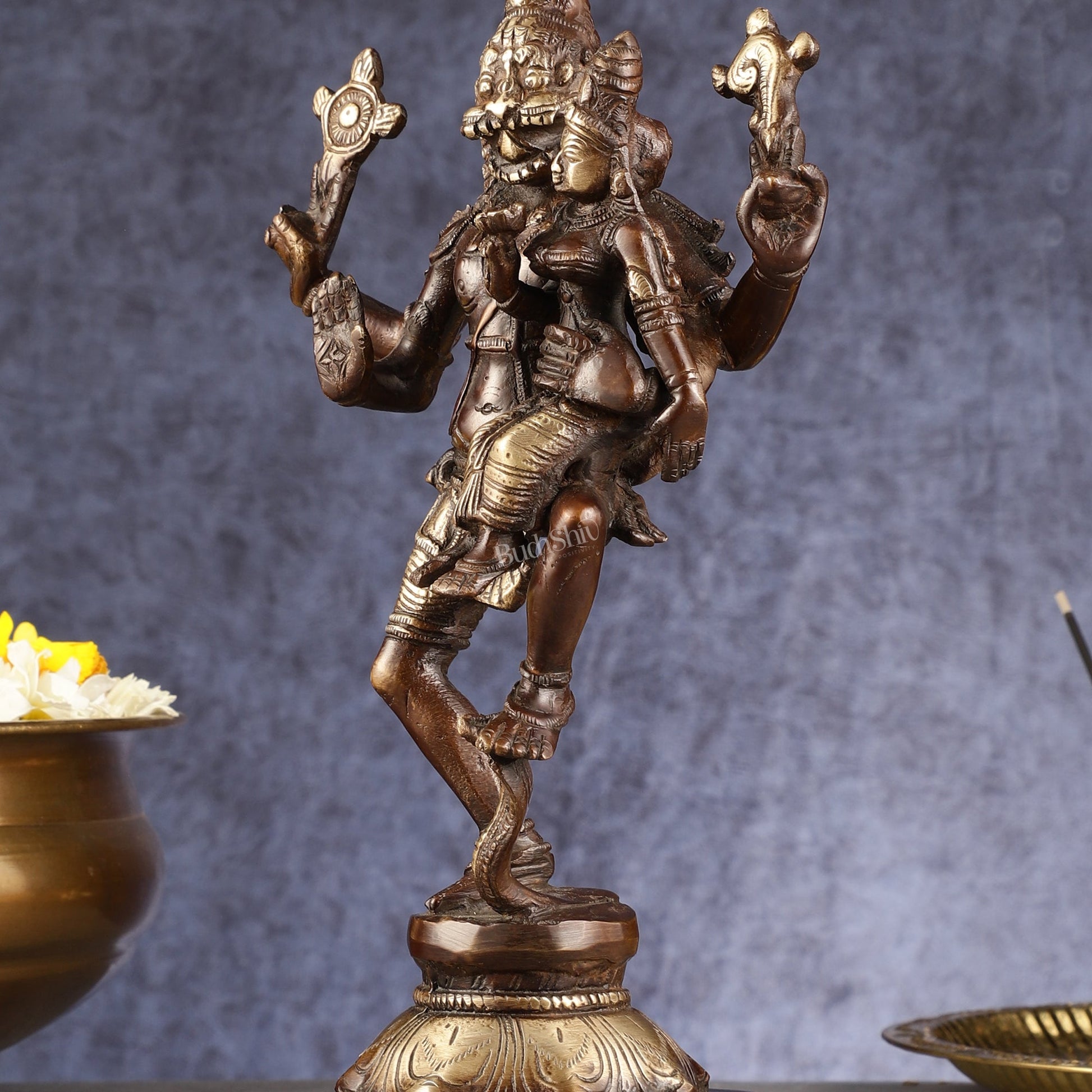 Pure Brass Lord Narsimha with Devi Lakshmi Idol - 12" Chola wash - Budhshiv.com