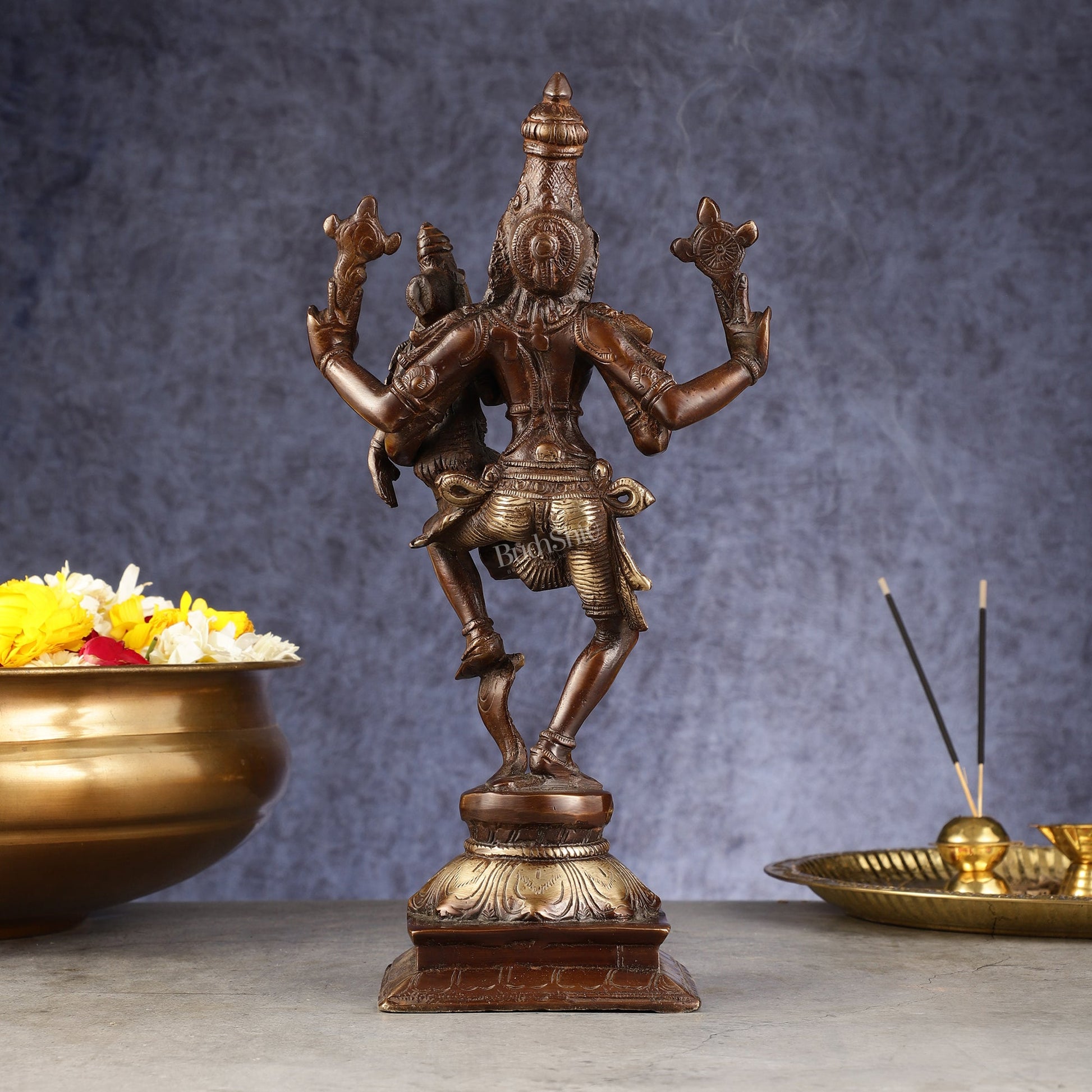Pure Brass Lord Narsimha with Devi Lakshmi Idol - 12" Chola wash - Budhshiv.com