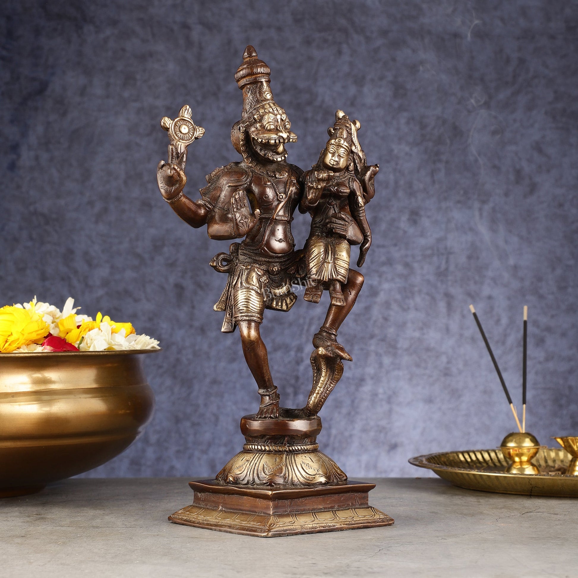 Pure Brass Lord Narsimha with Devi Lakshmi Idol - 12" Chola wash - Budhshiv.com