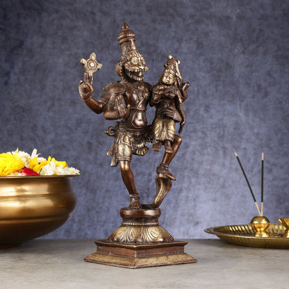 Pure Brass Lord Narsimha with Devi Lakshmi Idol - 12" Chola wash - Budhshiv.com