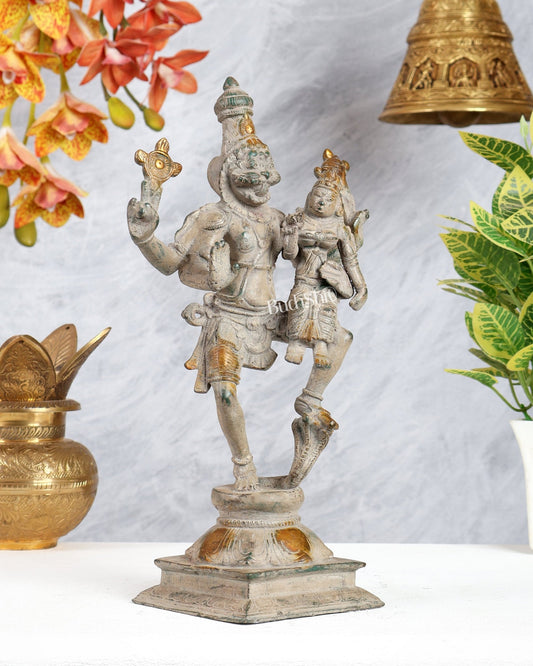 Pure Brass Lord Narsimha with Devi Lakshmi Idol - 12" grey sand - Budhshiv.com