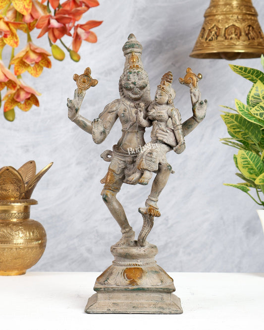 Pure Brass Lord Narsimha with Devi Lakshmi Idol - 12" grey sand - Budhshiv.com