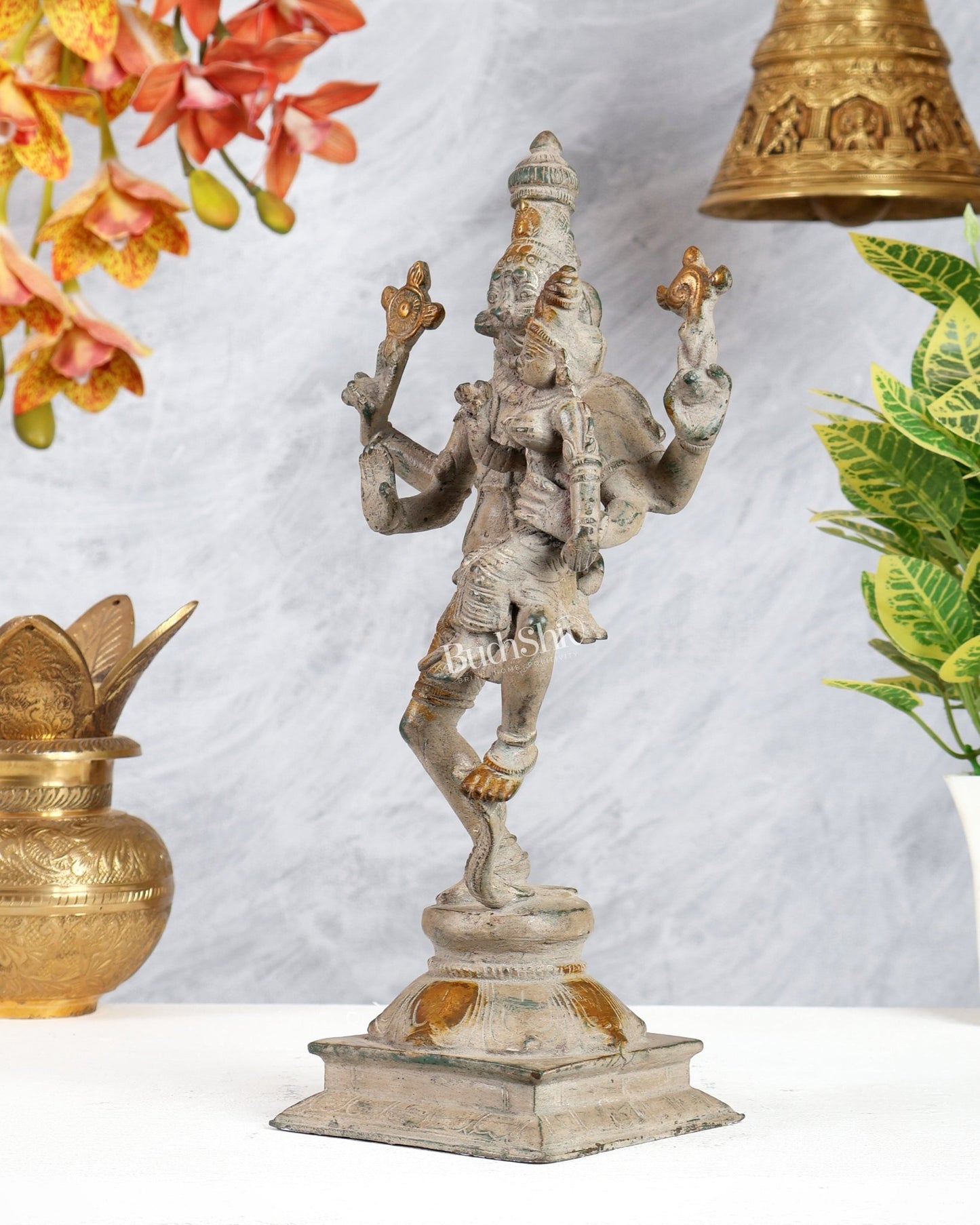 Pure Brass Lord Narsimha with Devi Lakshmi Idol - 12" grey sand - Budhshiv.com
