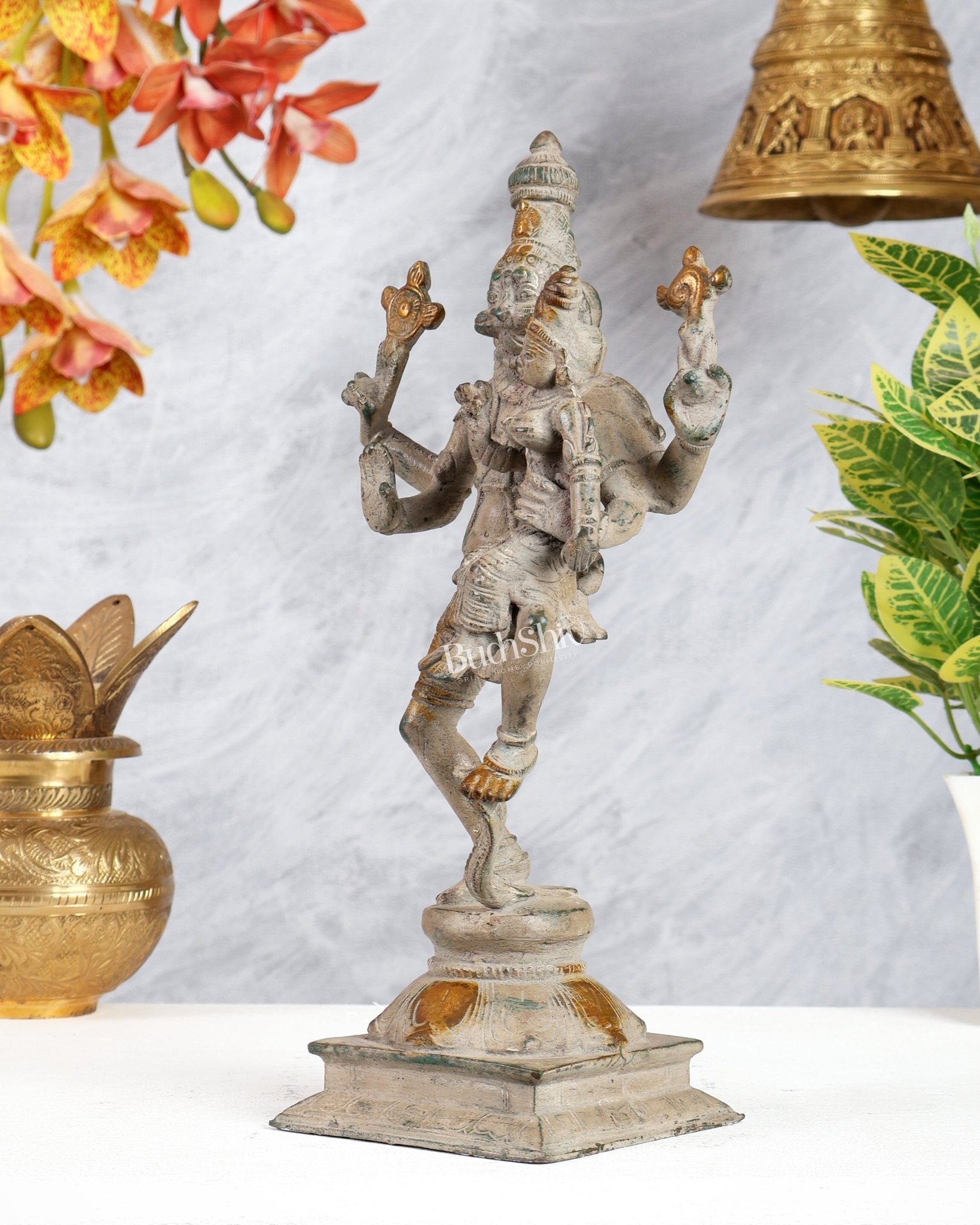 Pure Brass Lord Narsimha with Devi Lakshmi Idol - 12" grey sand - Budhshiv.com