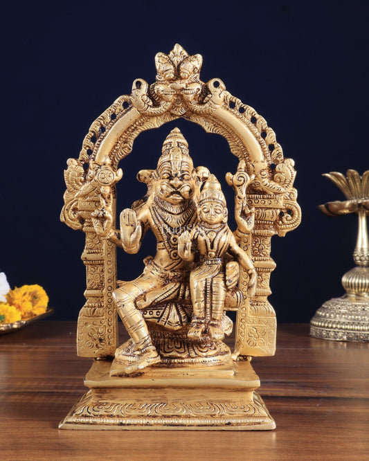 Pure Brass Lord Narsimha with Goddess Lakshmi – 7.8" x 2.7" x 5.1" | Divine Protection & Prosperity - Budhshiv.com