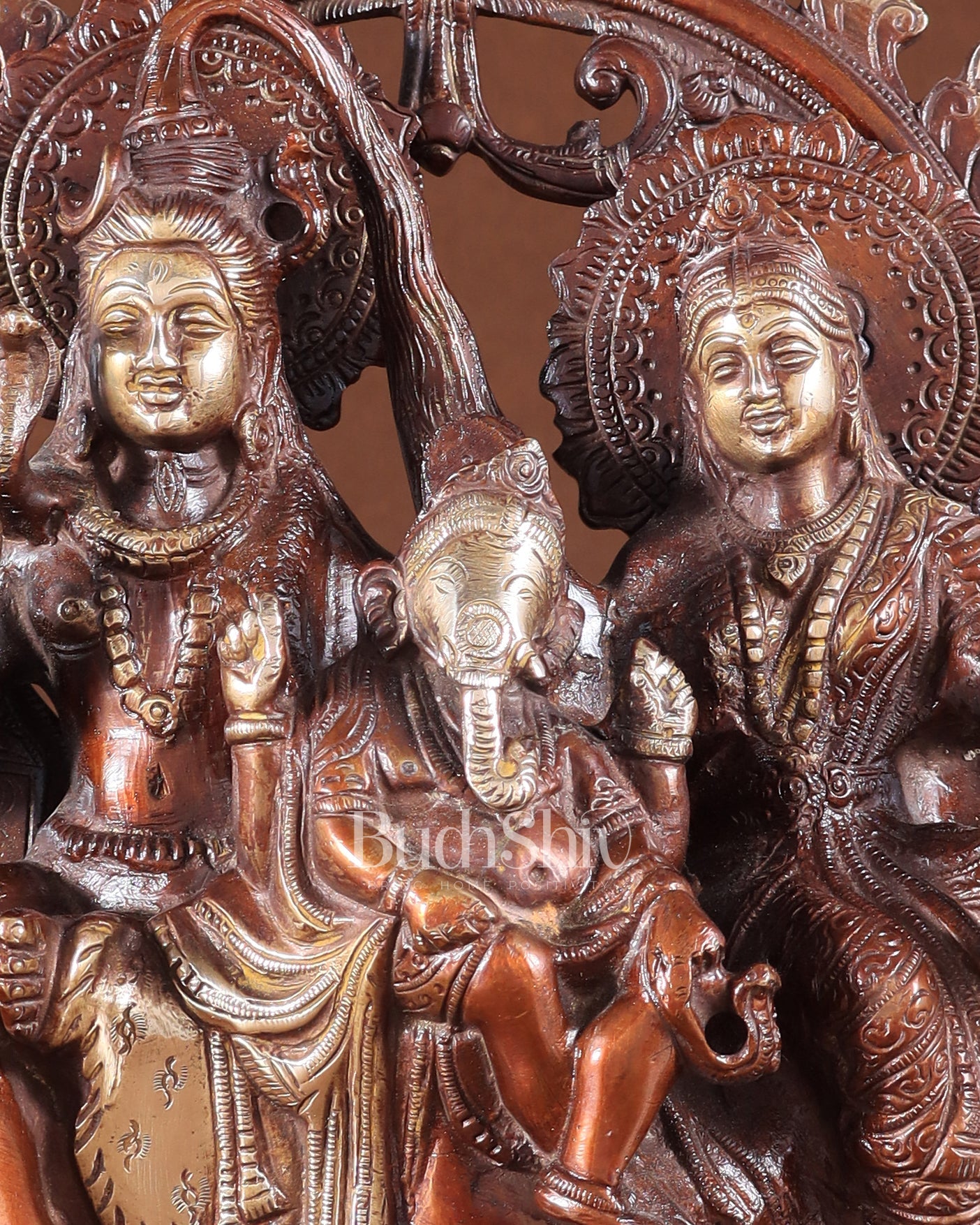 Pure Brass Lord Shiv Parvati with Ganesha Idol and Prabhavali 10.7 inch double chola - Budhshiv.com