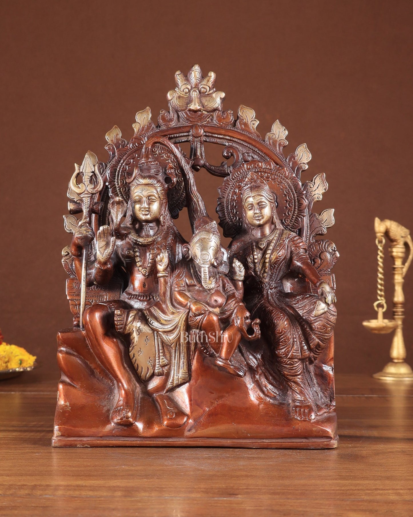 Pure Brass Lord Shiv Parvati with Ganesha Idol and Prabhavali 10.7 inch double chola - Budhshiv.com