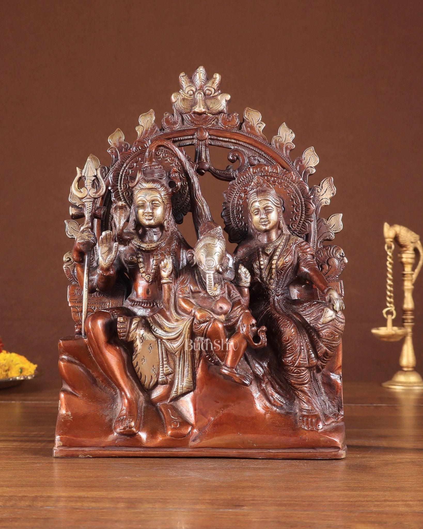 Pure Brass Lord Shiv Parvati with Ganesha Idol and Prabhavali 10.7 inch double chola - Budhshiv.com