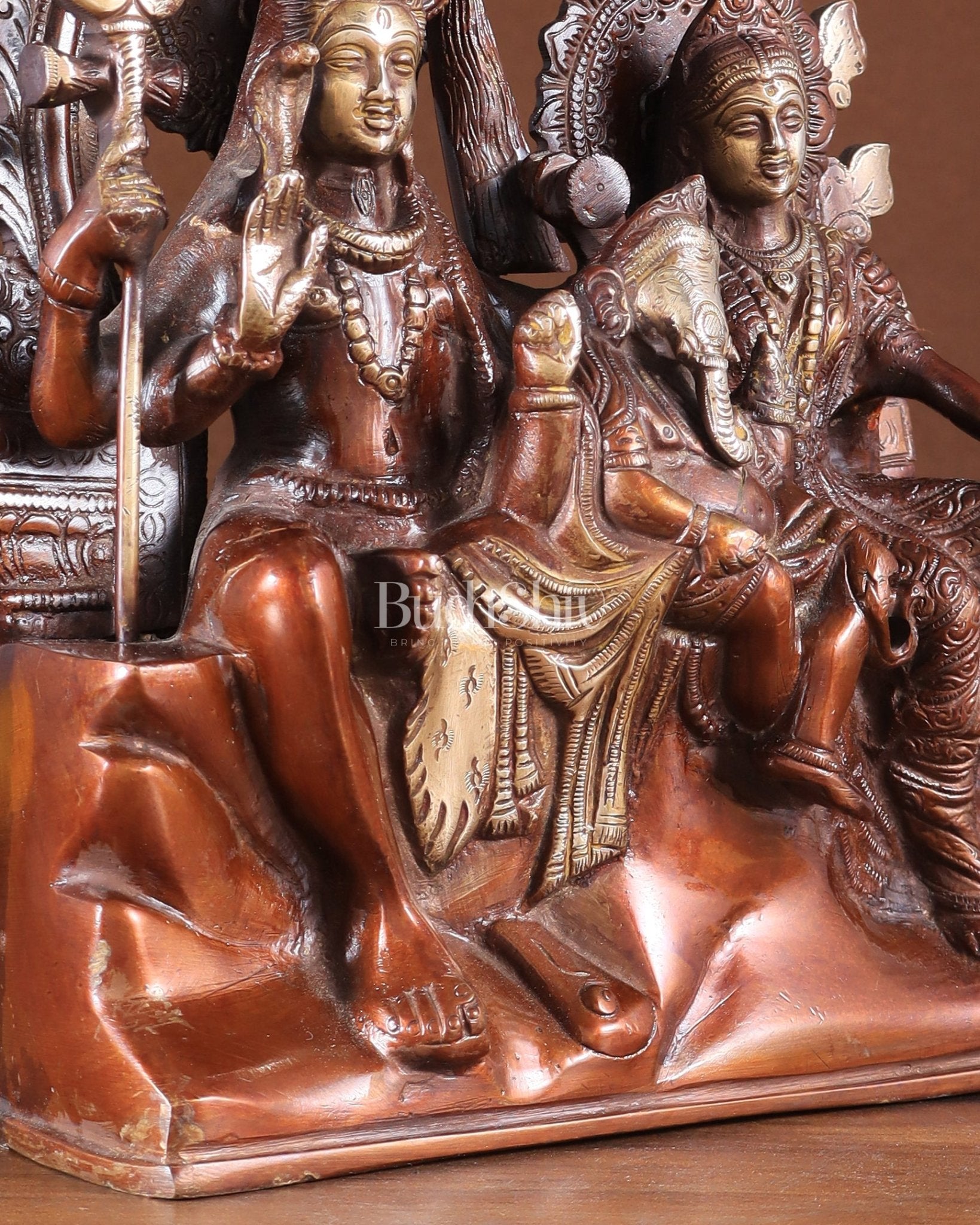 Pure Brass Lord Shiv Parvati with Ganesha Idol and Prabhavali 10.7 inch double chola - Budhshiv.com
