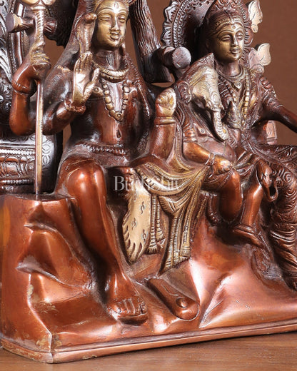 Pure Brass Lord Shiv Parvati with Ganesha Idol and Prabhavali 10.7 inch double chola - Budhshiv.com