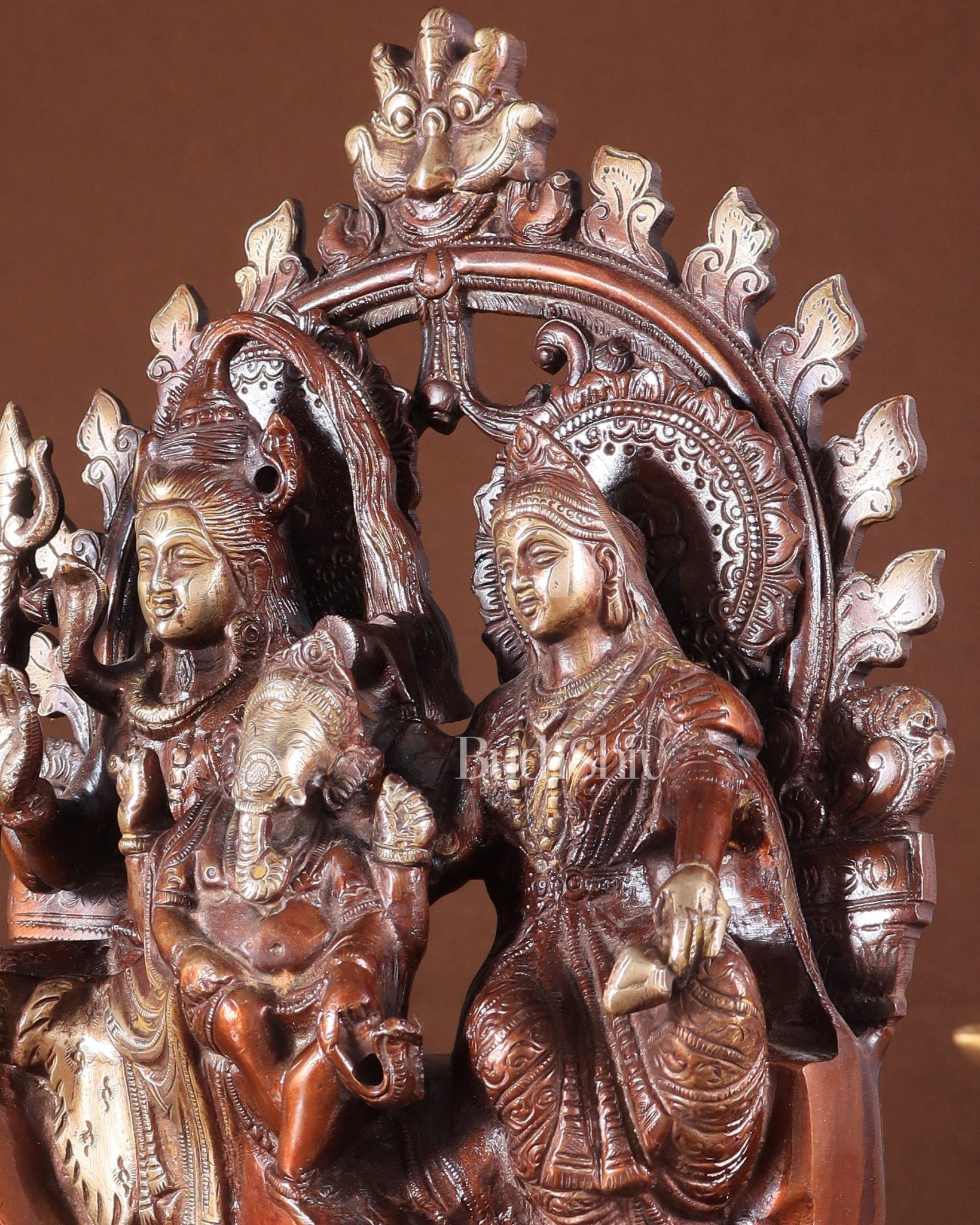 Pure Brass Lord Shiv Parvati with Ganesha Idol and Prabhavali 10.7 inch double chola - Budhshiv.com