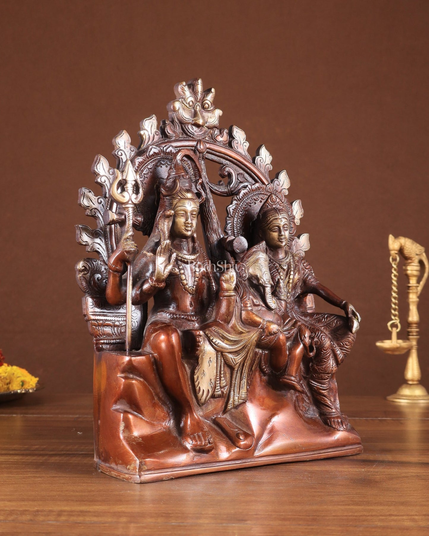 Pure Brass Lord Shiv Parvati with Ganesha Idol and Prabhavali 10.7 inch double chola - Budhshiv.com