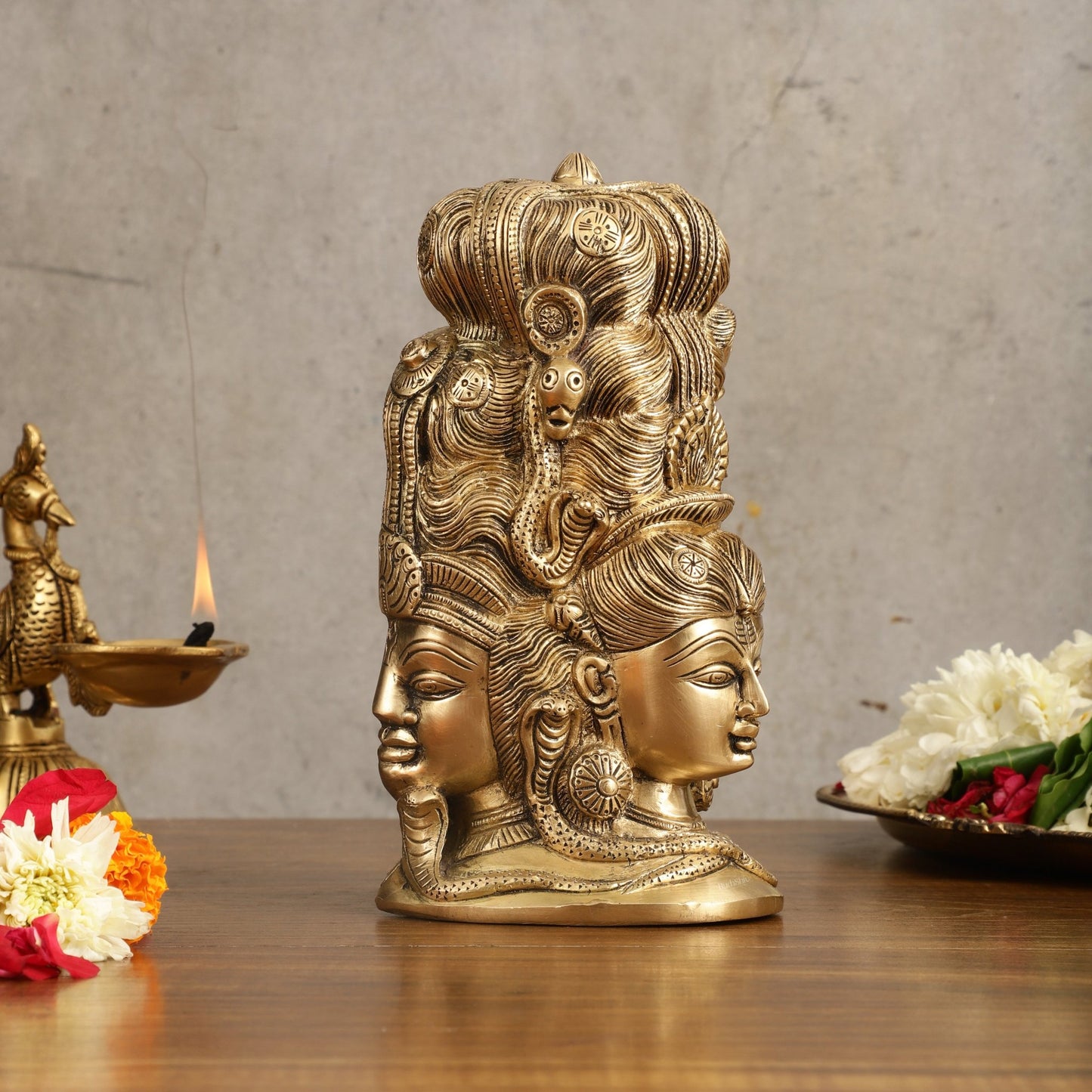 Pure Brass Lord Shiva Head with Parvati Mukhalingam - 8 in Height - Budhshiv.com