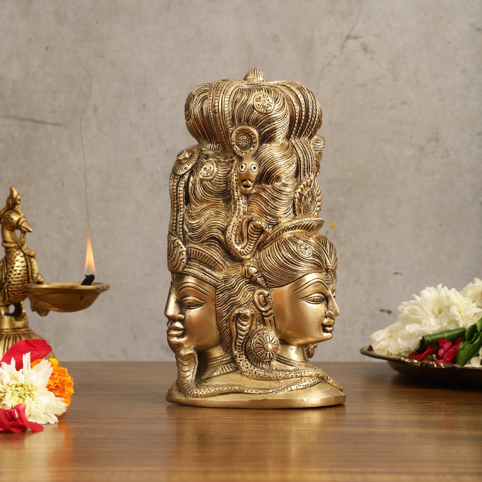Pure Brass Lord Shiva Head with Parvati Mukhalingam - 8 in Height - Budhshiv.com