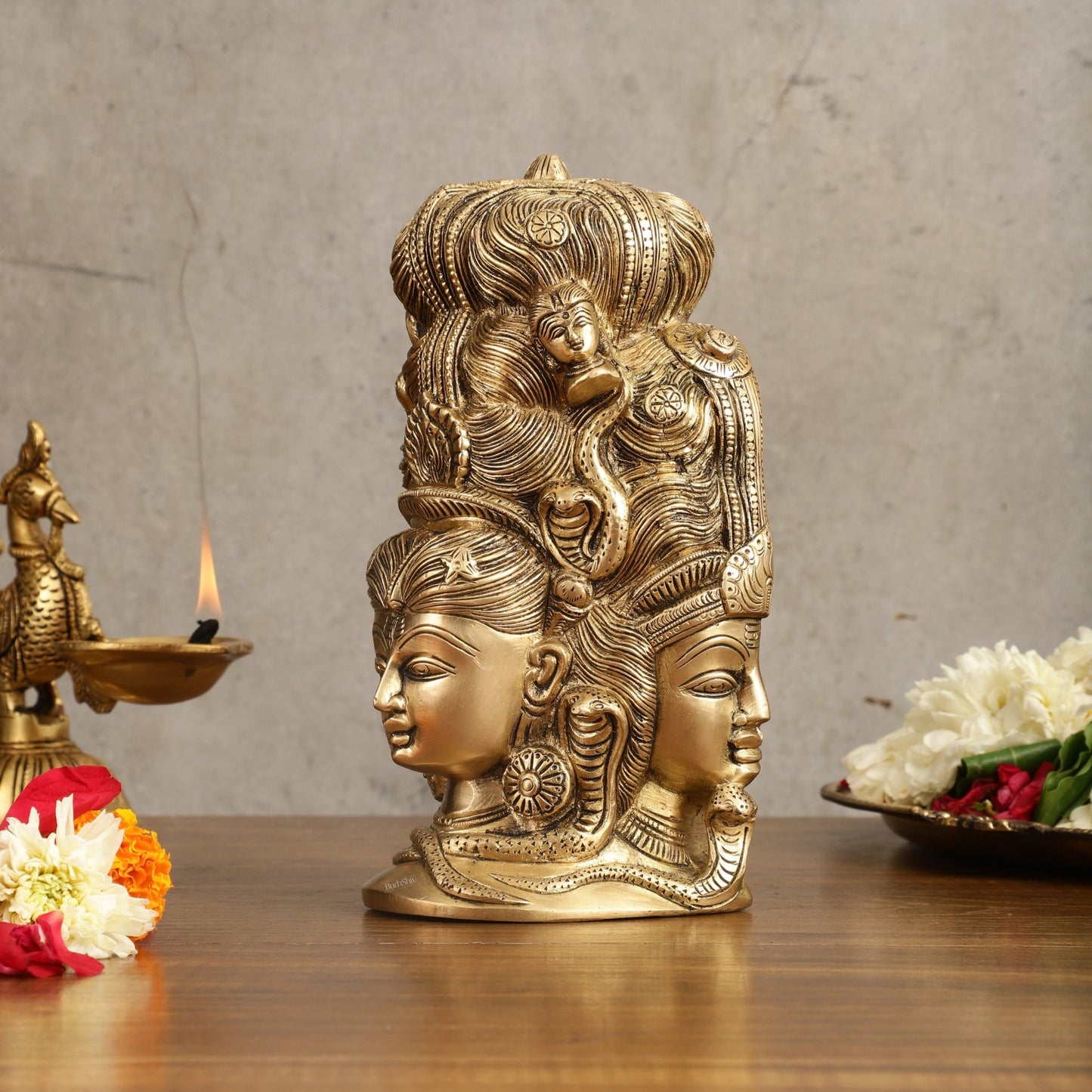Pure Brass Lord Shiva Head with Parvati Mukhalingam - 8 in Height - Budhshiv.com