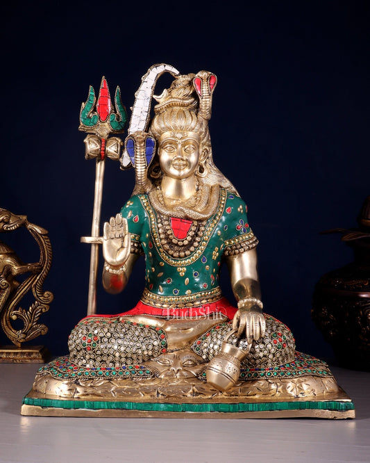 Pure Brass Lord Shiva Idol with Open Eyes 15" - Budhshiv.com