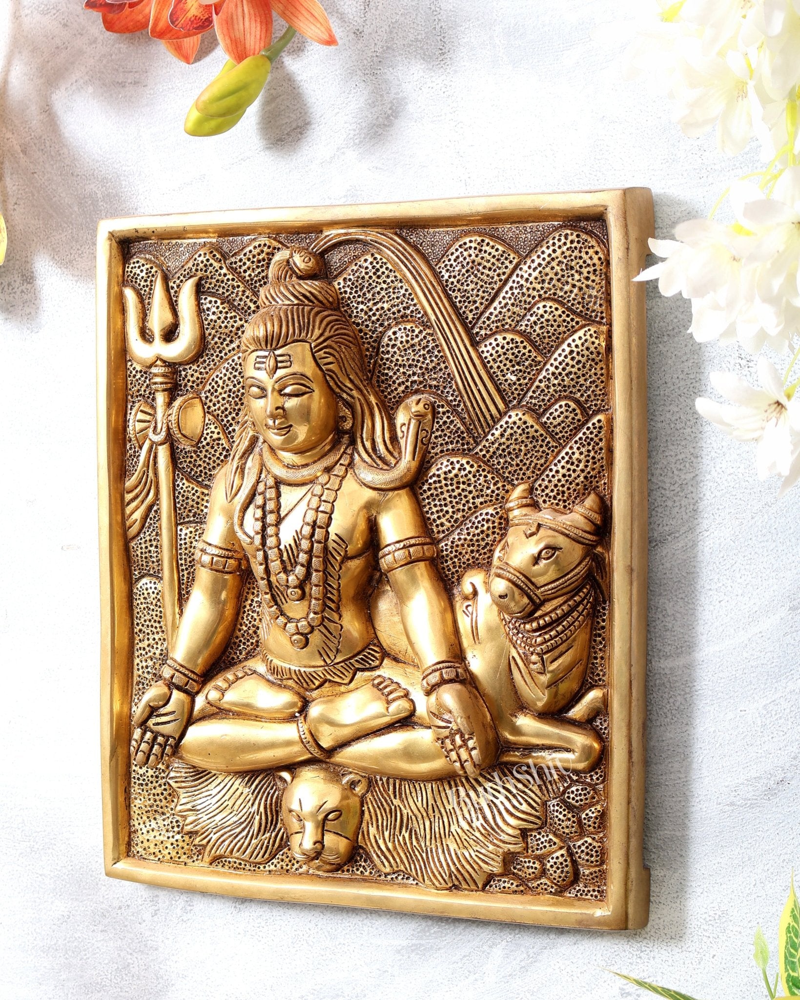 Pure Brass Lord Shiva in Meditation with Nandi – 3D Wall Hanging 11 inch - Budhshiv.com