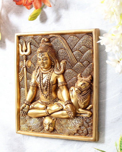 Pure Brass Lord Shiva in Meditation with Nandi – 3D Wall Hanging 11 inch - Budhshiv.com