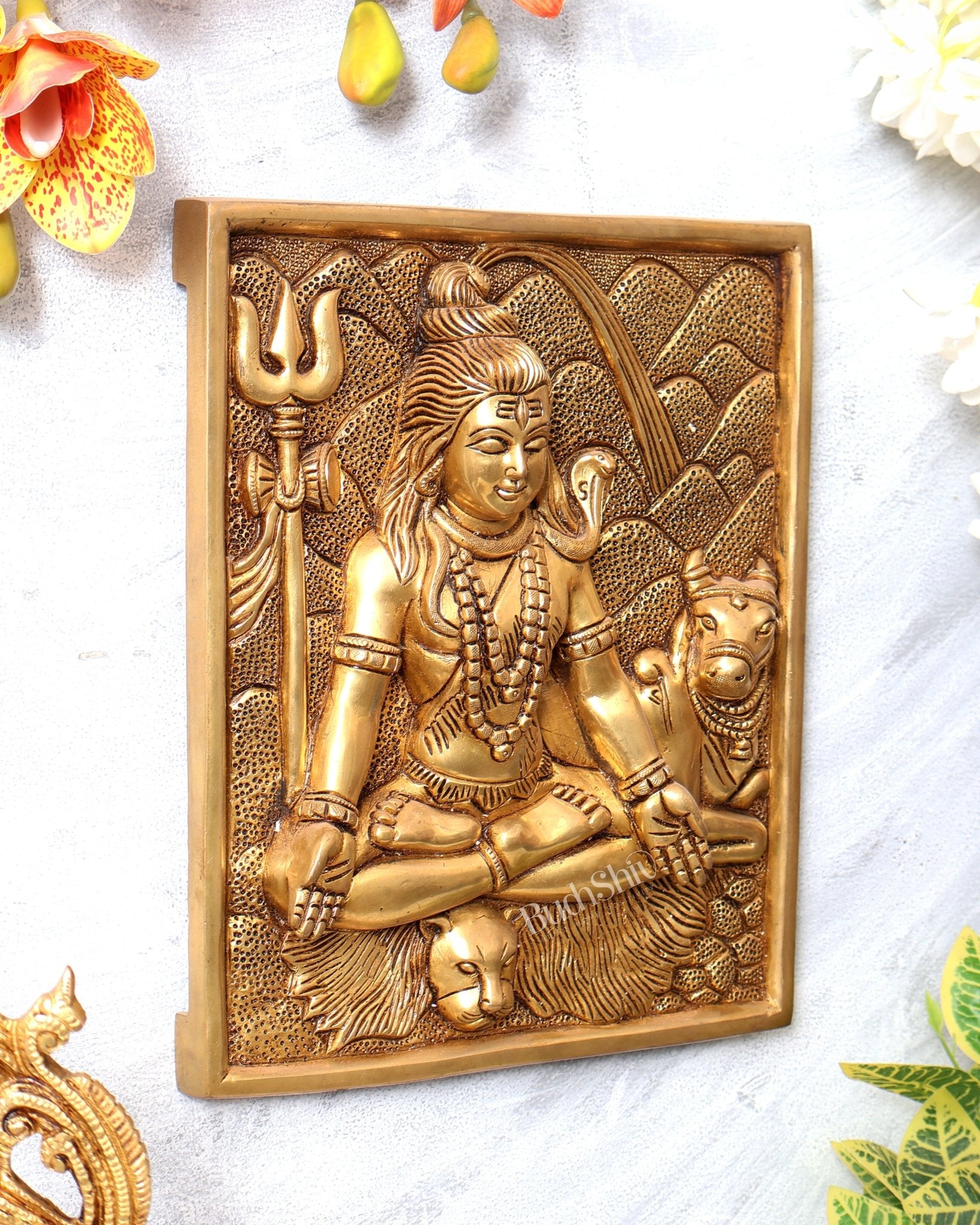 Pure Brass Lord Shiva in Meditation with Nandi – 3D Wall Hanging 11 inch - Budhshiv.com