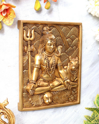 Pure Brass Lord Shiva in Meditation with Nandi – 3D Wall Hanging 11 inch - Budhshiv.com