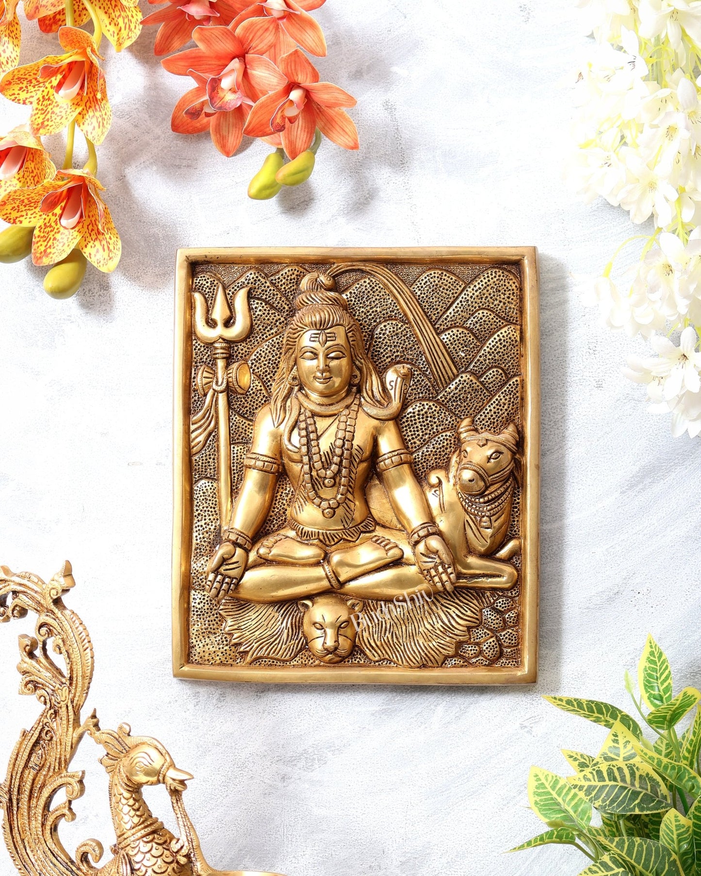 Pure Brass Lord Shiva in Meditation with Nandi – 3D Wall Hanging 11 inch - Budhshiv.com