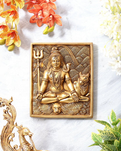 Pure Brass Lord Shiva in Meditation with Nandi – 3D Wall Hanging 11 inch - Budhshiv.com