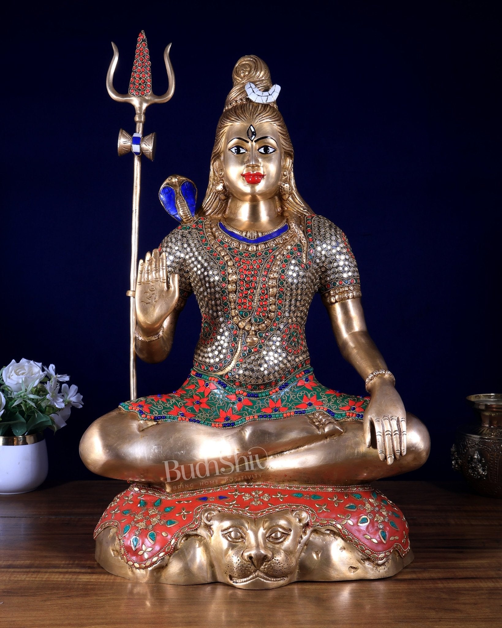 Pure Brass Lord Shiva mahadev Statue - 23" stonework open eyes - Budhshiv.com
