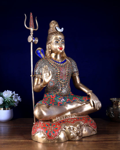 Pure Brass Lord Shiva mahadev Statue - 23" stonework open eyes - Budhshiv.com