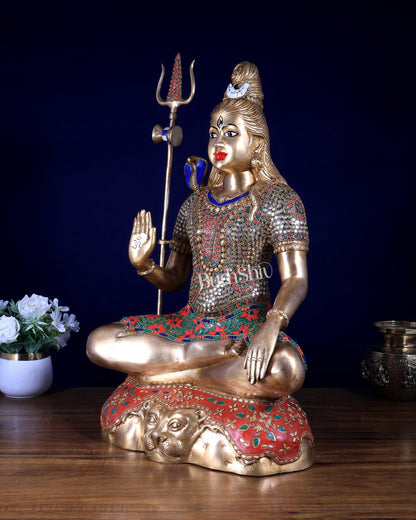 Pure Brass Lord Shiva mahadev Statue - 23" stonework open eyes - Budhshiv.com