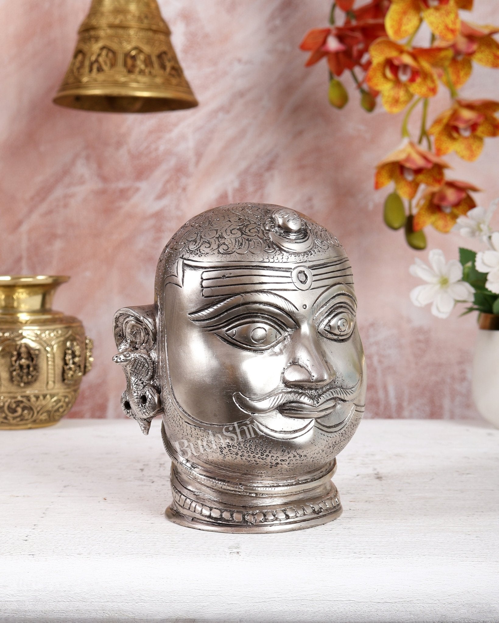 Pure Brass Lord Shiva Mukhlingam Face idol - Silver plated 6" - Budhshiv.com