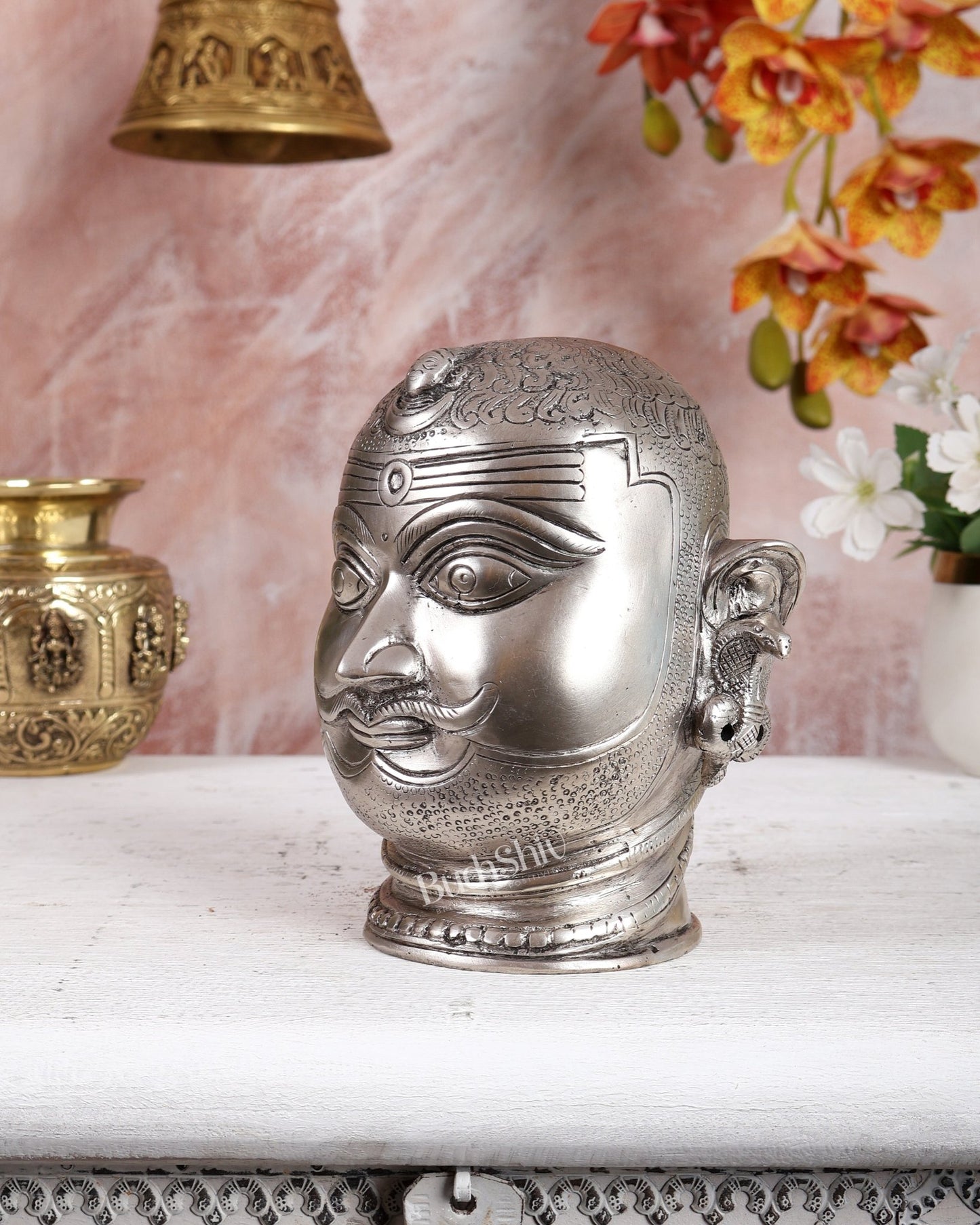 Pure Brass Lord Shiva Mukhlingam Face idol - Silver plated 6" - Budhshiv.com