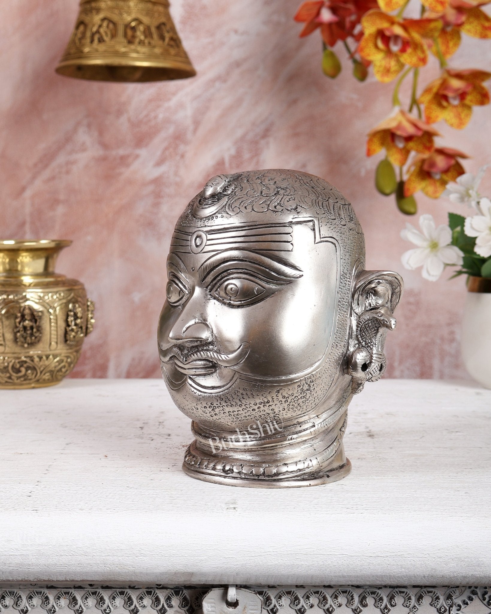 Pure Brass Lord Shiva Mukhlingam Face idol - Silver plated 6" - Budhshiv.com