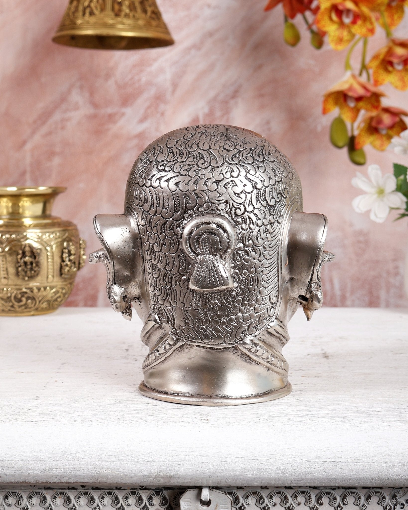 Pure Brass Lord Shiva Mukhlingam Face idol - Silver plated 6" - Budhshiv.com
