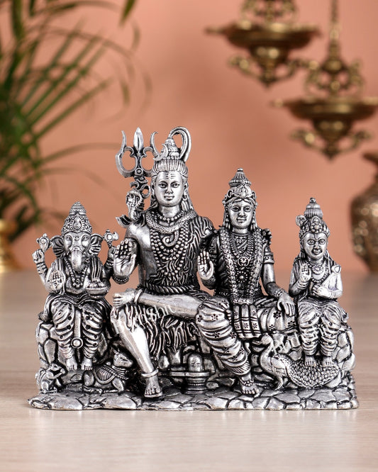 Pure Brass Lord Shiva Parivar Idol | Silver plated | 5" - Budhshiv.com