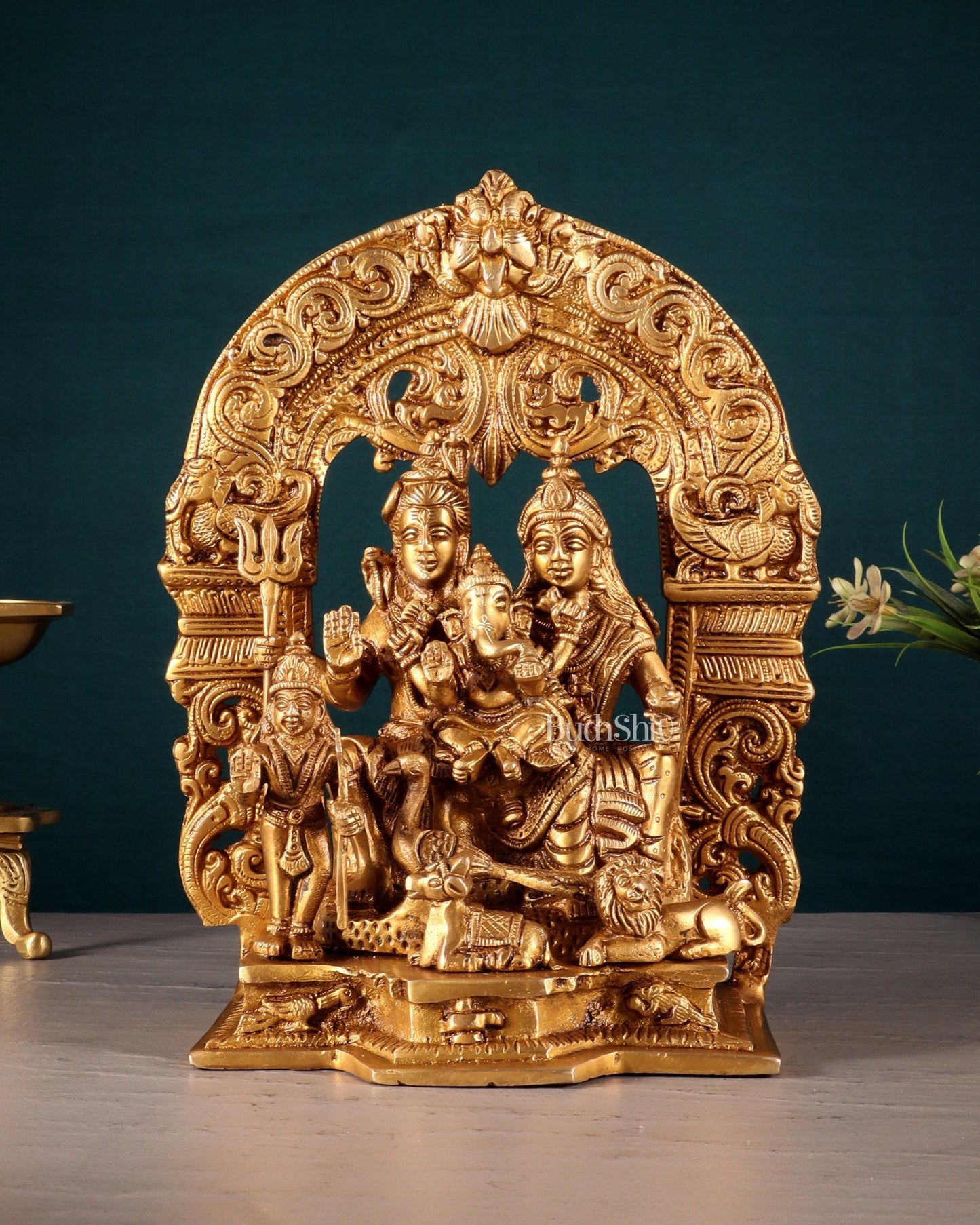 Pure Brass Lord Shiva Parivar with Arch 9" - Budhshiv.com